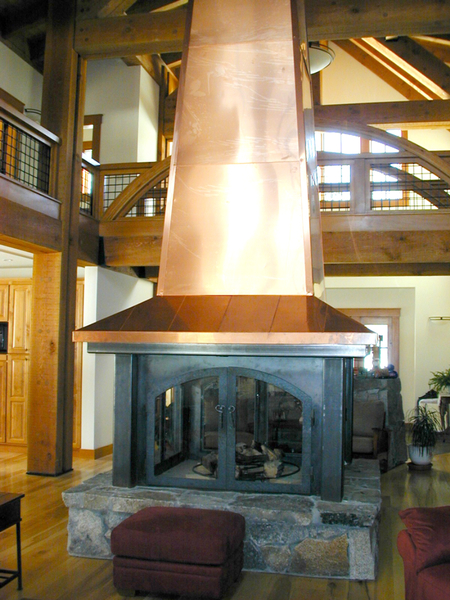 4-Sided Copper Chimney Case Steel Fireplace Surround with Glass Doors Full View