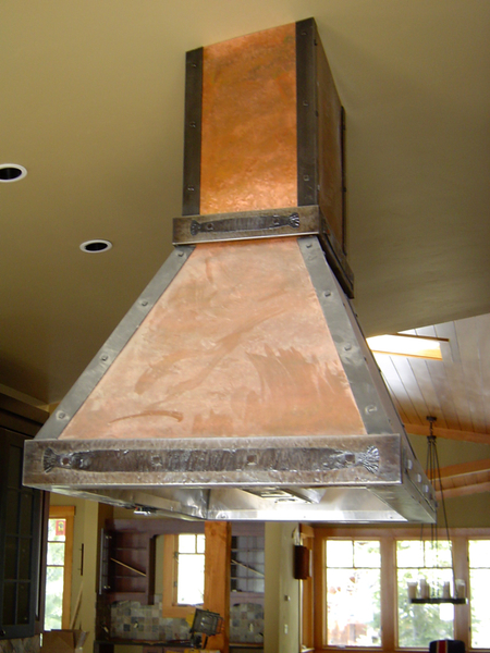 Pounded Copper with Hot Rolled Bands Kitchen Hood Image 1